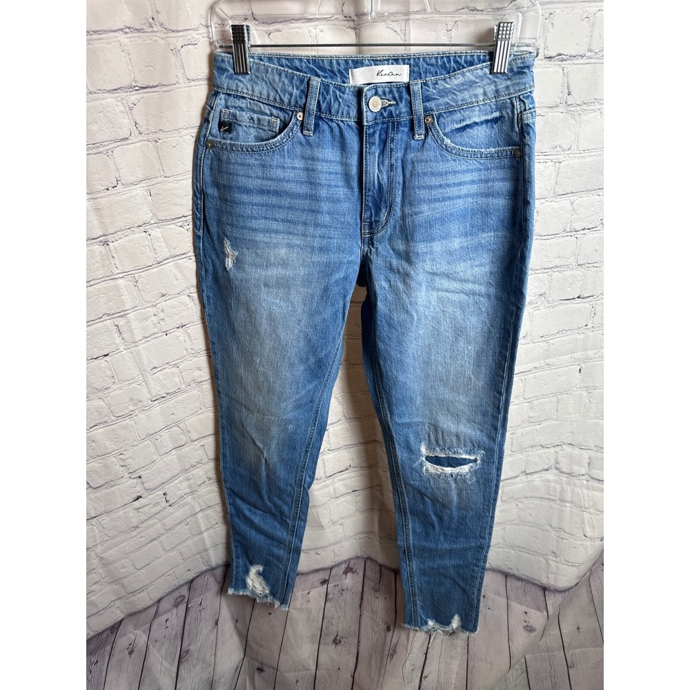 KanCan Distressed Boyfriend Jeans Ripped Knee Frayed Hem Light Wash